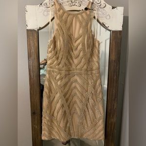 Beaded/ rhinestone, nude/ tan/ gold, mini cocktail dress. NWT, never worn.